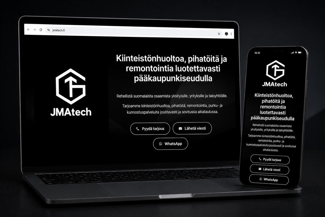 JMATECH-verkkosivusto tietokoneella ja puhelimella