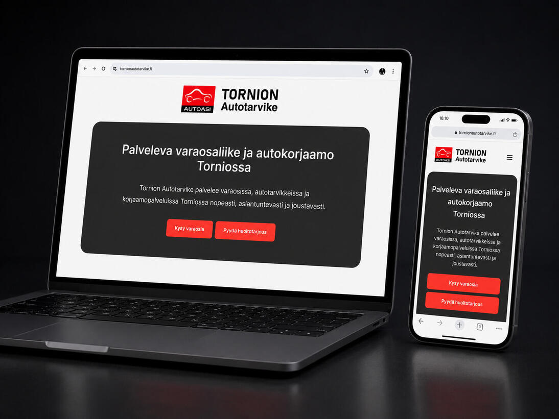 Tornion Autotarvikkeen verkkosivusto tietokoneella ja puhelimella
